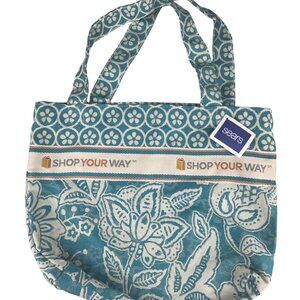 Sears‎ Department Store Canvas Tote Shopping Bag Floral Aqua/Blue/Beige